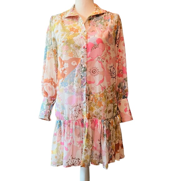 Pink Ripple Chic Long Sleeve Sheer Floral Dress in Pink and Cream Size Small - Picture 1 of 12